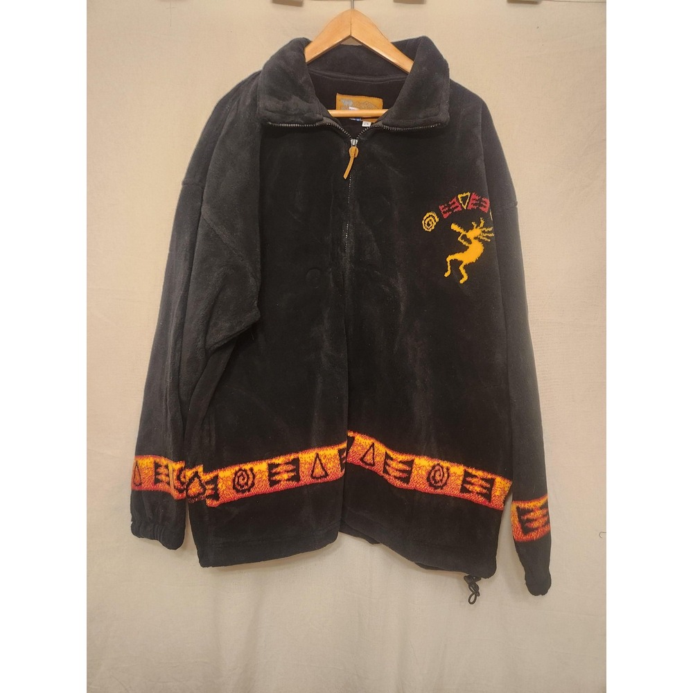 Vtg Bear Ridge Outfitters Jacket Mens 2XL Black Fleece Kokopelli‎ Zip USA Native